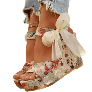 Floral Wedge Sandals with Bow